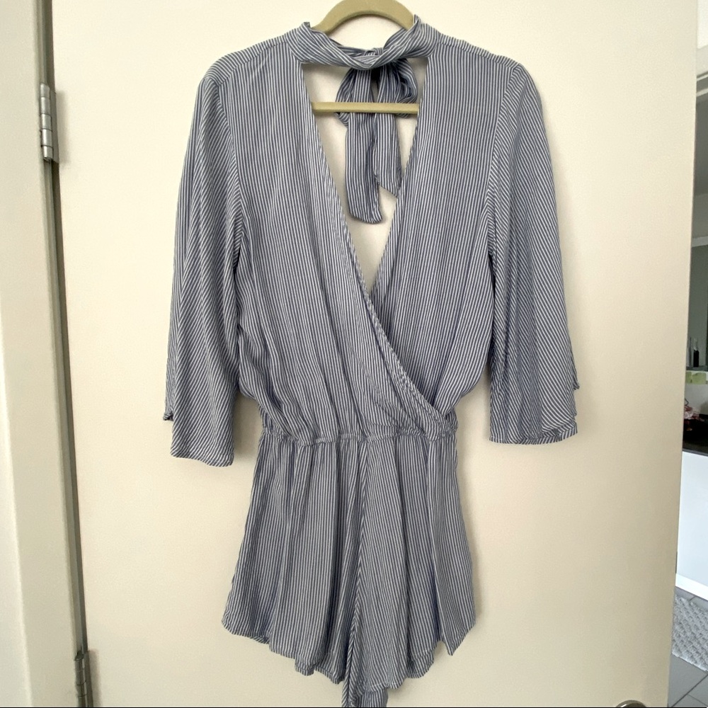 Blue & White striped low V choker romper!